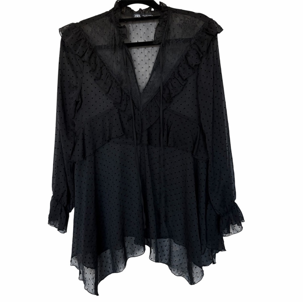 Zara Black Sheer Ruffle Tunic Blouse Size S